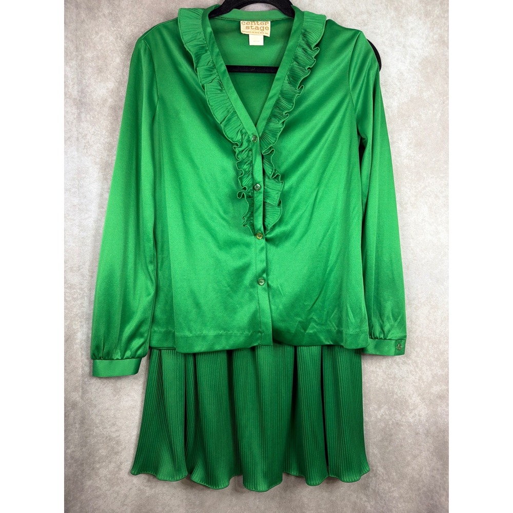 VTG MCM Center Stage Skirt Set Women Medium/14 Green Ruffle Blouse Pleated Midi